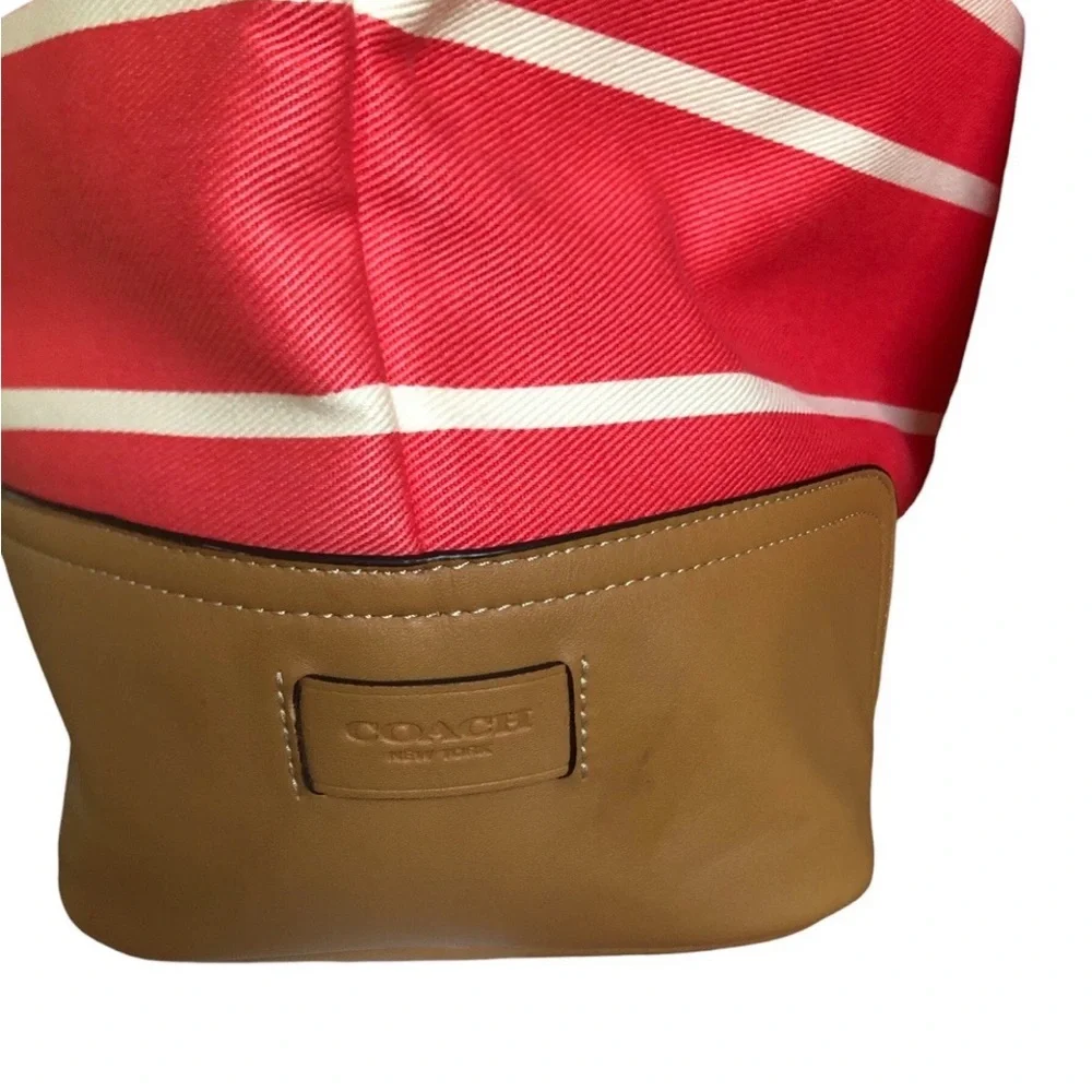 COACH Hadley Variegated Coral & Beige Striped Canvas Leather Duffel Tote Bag